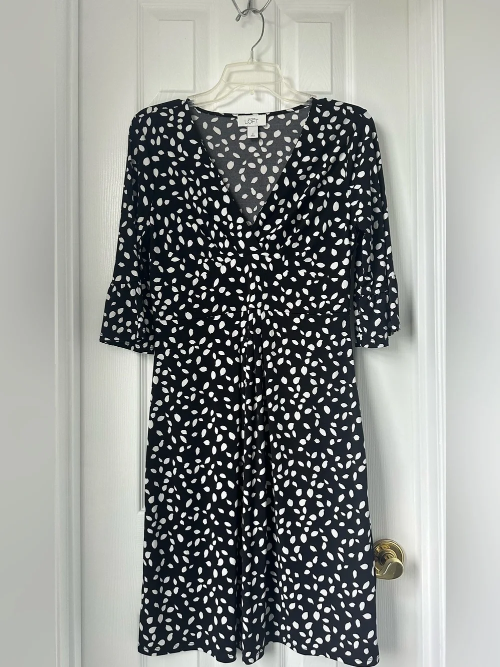 LOFT Black and White Leaf-Print Midi Dress